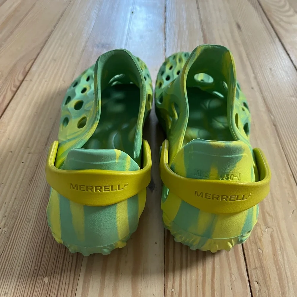 Merrell Hydro Moc Kids Green Yellow Marbled Water Shoes Clogs Size 4 MRS-1480-1